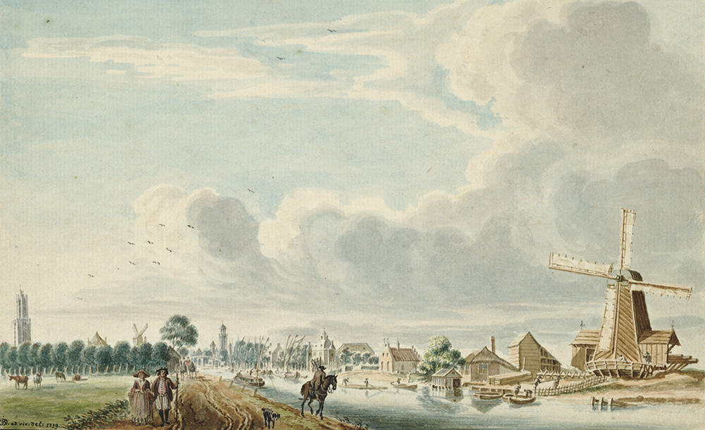 Ingekleurde tekening van de Vaartsche Rijn. Aan de rechteroever de molen, huizen en een buitenplaats. Links het jaagpad met daarop een jager te paard, maar ook een wandelend stelletje en in de verte een koets. Op de achtergrond de stad Utrecht met helemaal links de Dom en midden de toren van de Nicolaikerk.