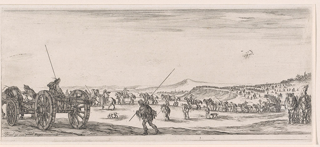 Een stoet van soldaten en paarden die kanonnen verplaatsen in een landschap.