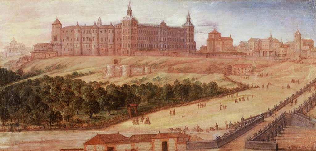 Op een heuvel met op de voorgrond een bosje ligt een groet kasteel met verschillende torens en verdedigingswerken. Rechts ligt op de voorburg bijna een compleet dorp. Rondom het bos wandelen mensen, rechts gaat er een weg met een muur omhoog richting het dorp.