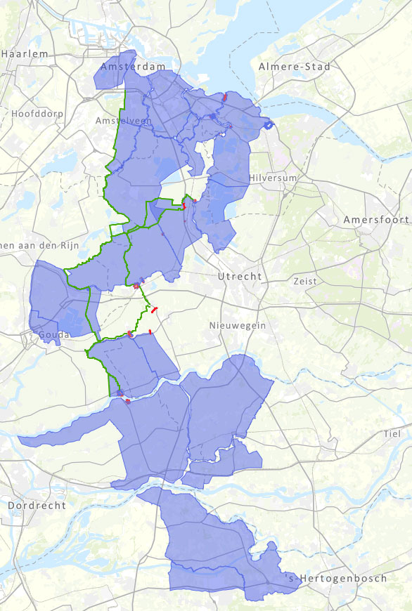 Plattegrond van Amsterdam tot 's-Hertogenbosch. Het stuk Amsterdam-Muiden-Alphen aan den Rijn-Woerden-Schoonhoven-Everdingen-Gorinchem-Leerdam-Werkendam-Den Bosch is blauw gekleurd.