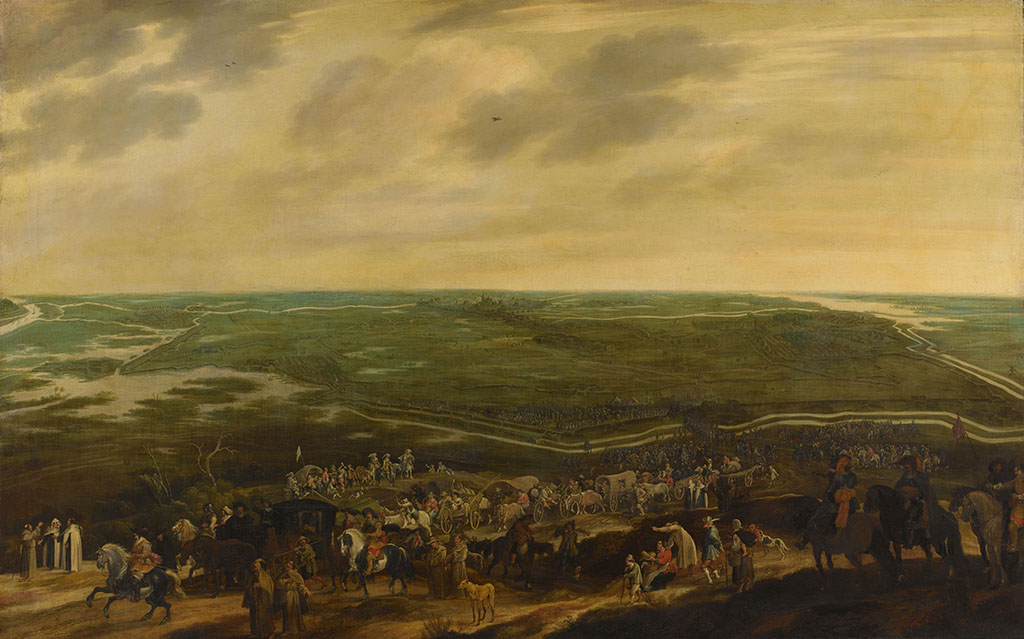 De aftocht van het Spaanse garnizoen na de overgave van 's-Hertogenbosch, 17 september 1629. Door een landschap trekt een lange stoet van wagens en huifkarren. Vooraan de stoet lopen katholieke geestelijken. Boeren en soldaten slaan de uittocht gade. Op de achtergrond een plattegrond van de stad 's-Hertogenbosch in vogelvlucht. Zowel links als rechts van de stad zijn waterlopen en ondergelopen gebieden te zien.