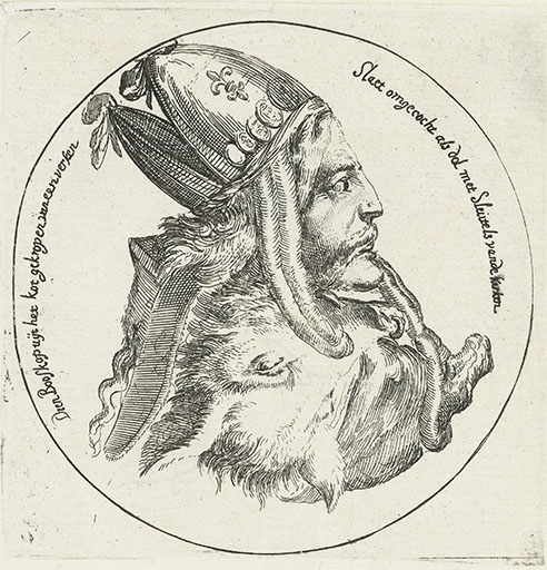 Rond portret van Christoph Bernard von Galen, bisschop van Munster. Bij omkering toont de prent de kop van een varken.