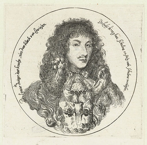 Rond portret van koning Lodewijk XIV. Bij omkering toont de prent de kop van een leeuw.