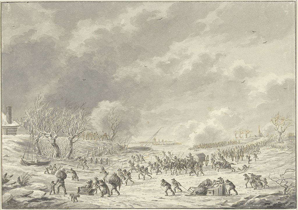 Een gewassen pentekening met in het midden de Waal. De Franse troepen trekken min of meer georganiseerd van rechts naar links. Ze hebben wagens bij zich en sleden met huisraad. Links op de dijk staan mannen die op de troepen schieten.