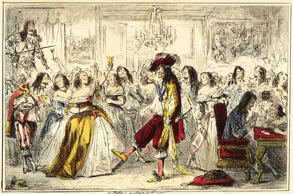 Een volle ruimte voor met gemeen uitziende mannen en vrouwen met diepe decolletés. Op de achtergrond staat een violist te spelen. In het midden 'danst' Karel II met zijn linkerhand in zijn zak en zijn rechter voet omhoog. Op de voorgrond een hond (King Charles Spaniel) die slaapt op een kussentje. Rechts een kaartend stel.