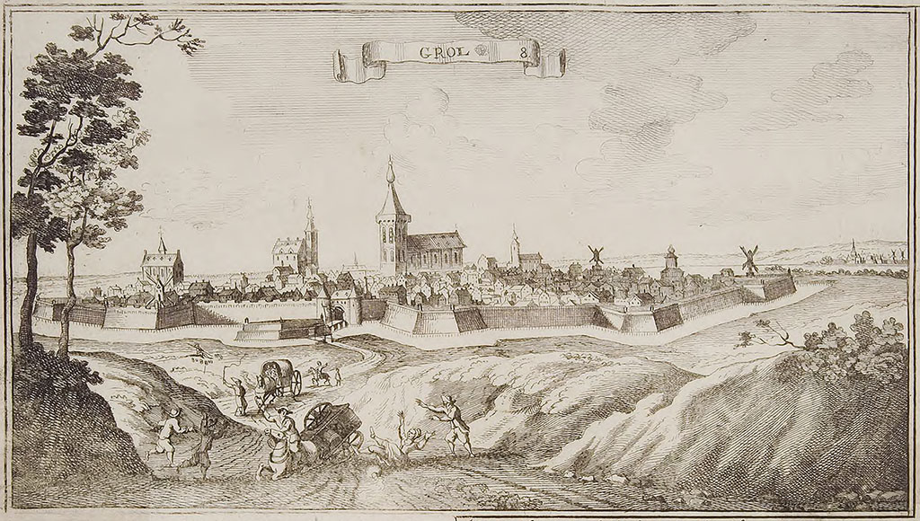 Gravure van een vestingstad omgeven door een gracht. Boven de muren van de stad steken vier kerken uit en op de muren staan diverse molens. Op de voorgrond, op de web naar de stad toe, valt een paard en wagen om, een vrouw valt van de wagen en drie mannen rennen geschrokken naar het ongeval. Op een banier bovenaan staat Grol.