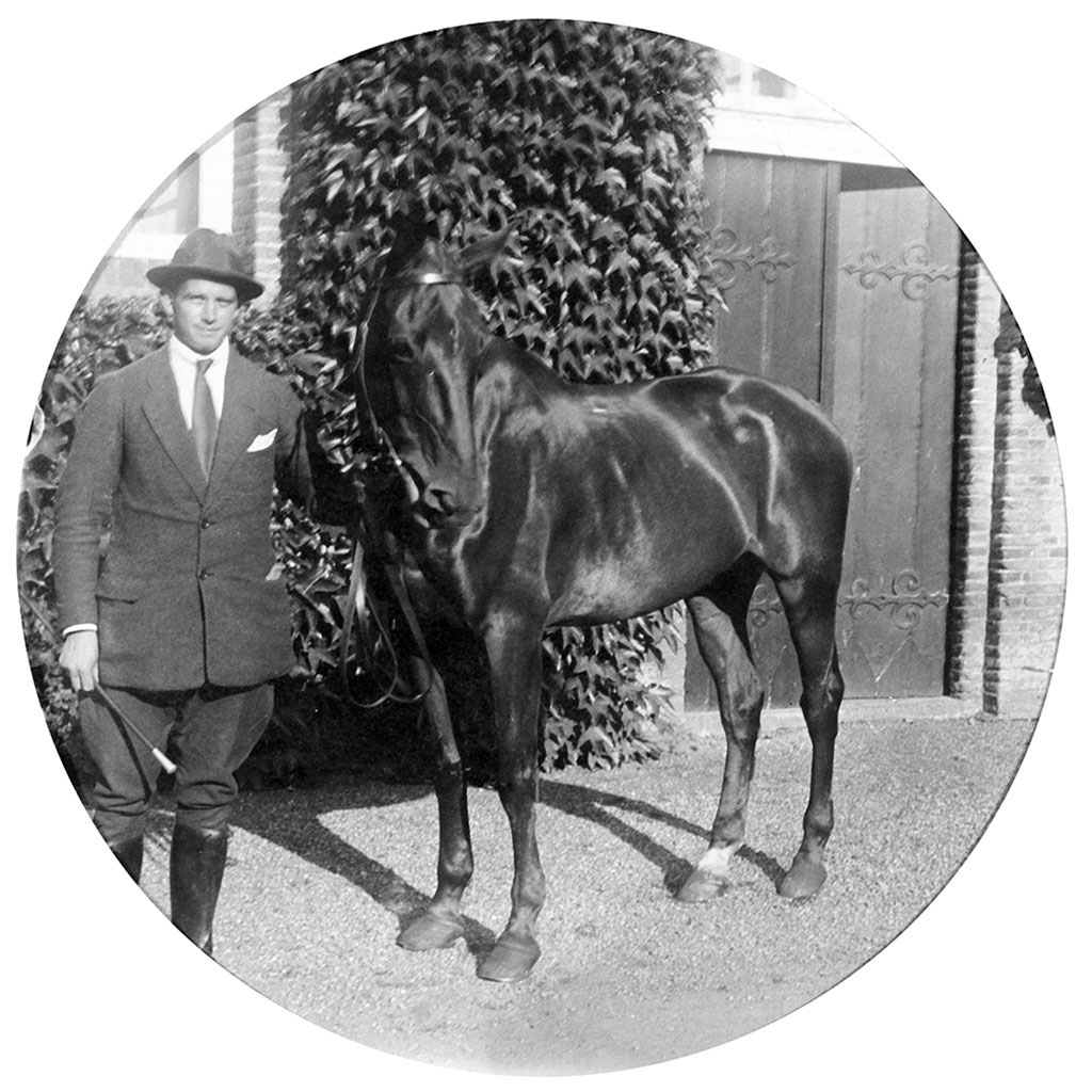 Ronde foto van een man die een donker paard bij de teugel houdt.