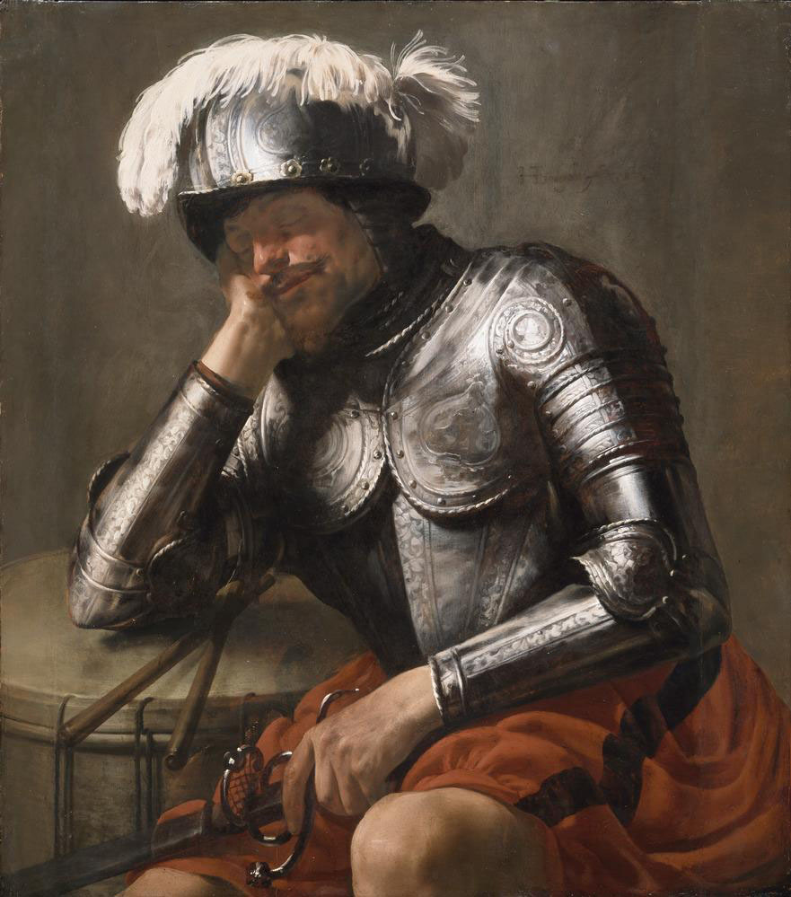 Zittende man in een harnas en een pofbroek met een blote knie, met helm op, leunt met zijn rechter arm op een trommel, het hoofd in de rechter hand, de ogen toe. In zijn linker hand heeft hij een rapier.