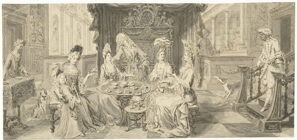 Theedrinkende dames in een interieur, links een meid, rechts een bode.