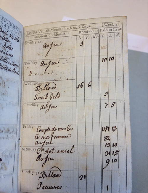 De rechterpagina van een boekje met kolommen. Er boven staat January 1st month, hath xxxi Days [Week 4]. Account of monies Received Paid or Lent En vervolgens op elke rij een dag van de week. Op maandag staat Au Jeu 1 received, dinsdat Au jeu, 10-10 Paid, woensdag billard received 16-6 en Trinkgeld paid 1, Donderdag Au Jeu paid 7-5, Vrijdag Compte de van Ee Paid or Lent 1151-13, A ma femme paid or lent 82 en au jeu paid or lent 13-10, Zaterdag Cte de Daniel 31-15 Paid or lent en au jeu 9-10 paid or lent op zondag Billard 21 received en Pe??? 1 paid or lent.