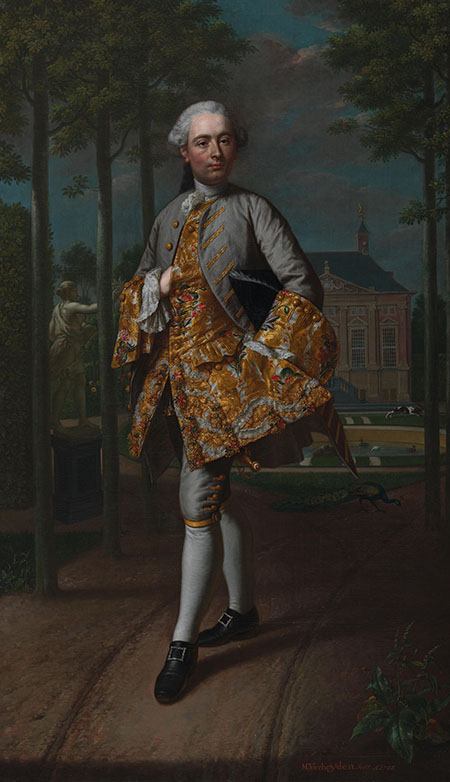 Regent Gerard van Riebeeck straalt een en al status uit. Hij staat voor zijn buitenplaats Essesteijn, in Voorburg. Daar hingen dit portret en dat van zijn vrouw Charlotte Strick van Linschoten (hiernaast) als onderdeel van een portrettenserie die het aanzien van de families onderstreepte. Van Riebeeck draagt een goudbrokaten vest en bijpassende manchetten. Opvallend is het grote aantal knopen – vaak zonder functie – dat op zijn kleding is aangebracht.