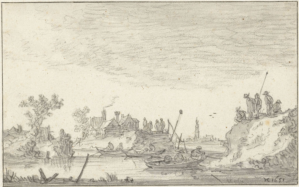 Tussen twee delen van de dijk zit een gat, het water tussen beide delen verbind twee stukken uitgebreid water. Op de dijk kijken aan beide kanten mensen naar het gat. In het gat varen bootjes die de resterende stukken dijk bekijken. Links op de dijk een paar huisjes, op de achtergrond een stad.