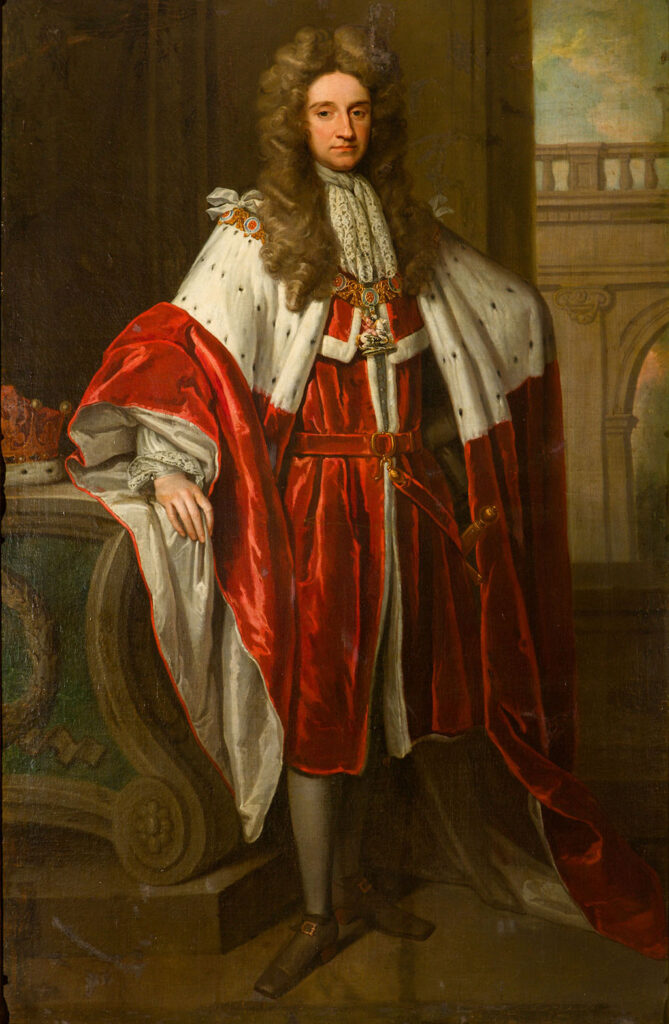 Bij een tafel staat een man met een grote bos bruine krullen, hij kijkt serieus. Hij draagt een roodfluwelen mantel met een hermelijnen kraag. Onder de mantel draagt hij een roodfluwelen jas en de keten van de Orde van de Kousenband (Joris en de draak). Zijn rechter arm leunt op de tafel waar een Earls Coronet op ligt. Zijn linker hand heeft hij onder de mantel in zijn zij.