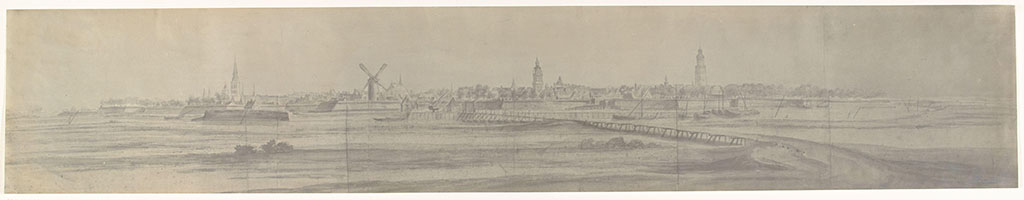 Foto van een tekening met een panoramisch gezicht op Zutphen, ingenomen door het Franse leger op 25 juni 1672.