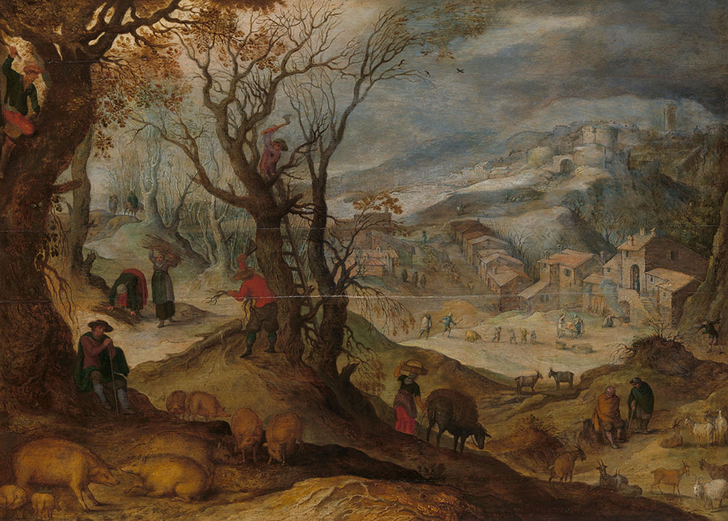 Winterlandschap. Gezicht over een heuvelachtig landschap. In een dal de huizen van een dorp. Links zijn houthakkers aan het werk, op de voorgrond een varkenshoeder met zijn varkens. Rechts een herder met geiten.