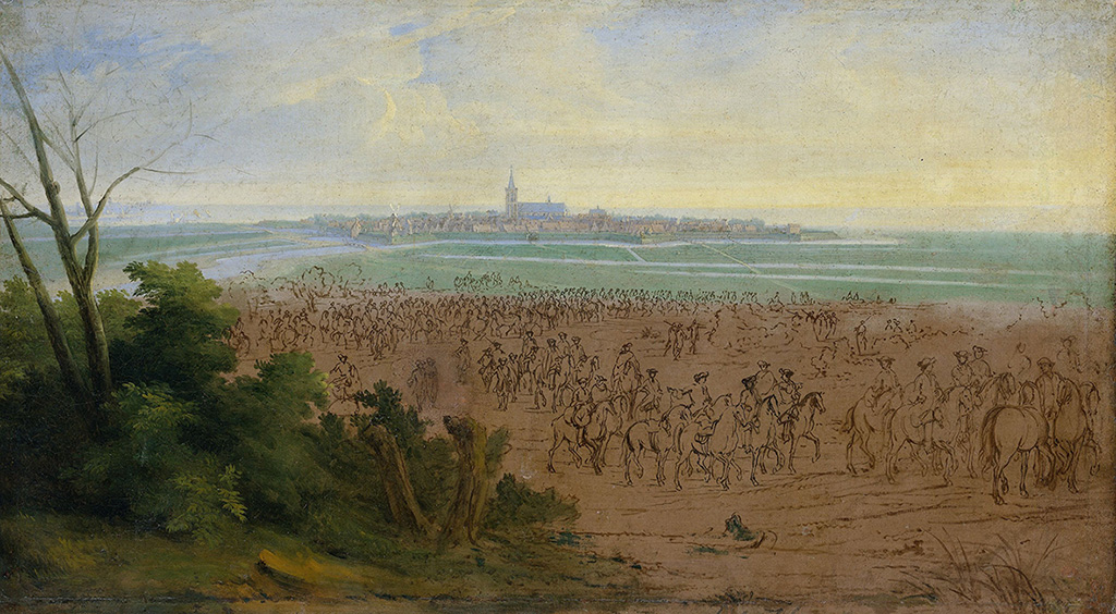 De vestingstad Naarden, op slechts 20 kilometer voor Amsterdam, werd in juni 1672 door Franse troepen bezet. Maar verder kwam het Franse leger niet. Omdat de zeedijk van de Zuiderzee ten noorden van Naarden was doorgestoken, hield het water hen tegen. Naarden werd in september 1673 op de Fransen heroverd. Mogelijk is dit de reden dat Van der Meulen het schilderij niet voltooide. Van de Franse militairen, die een inspectietocht uitvoeren in de omgeving van de vesting, bracht hij alleen de contour aan. Op de achtergrond is Naarden met daarachter de Zuiderzee te zien.