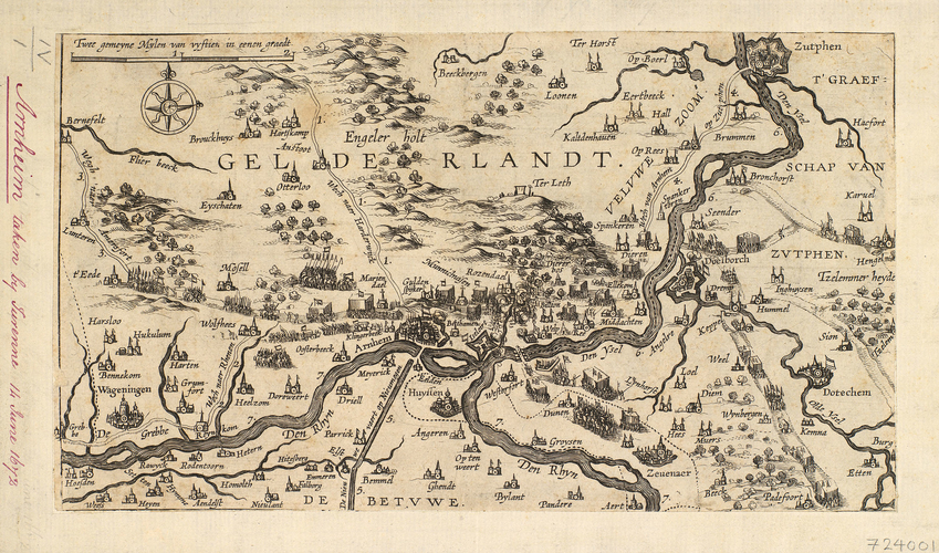 Kaart met daarop de bewegingen van de Franse legers rond Arnhem in juni 1672. De kaart strekt zich uit van Barneveld in het noordwesten tot Zutphen in het noordoosten, and van Wees (onder Heusden) in het zuidwesten to Padefoort (ten oosten van Beek) in het zuidoosten. De belangrijkste routes lijken genummerd: 1. ‘Wech naer Harderwijck’; 2. ‘Wech naer Renen’; 3. ‘Wegh naer Amersfort’; 4. ‘Wech van Arnhem op Zutphen’; 5. ‘De Nieuwe vaert op Nieumegen’; 6. Niet benoemd, maar volgt de IJssel; 7. Niet genoemd, maar volgt de Rijn.