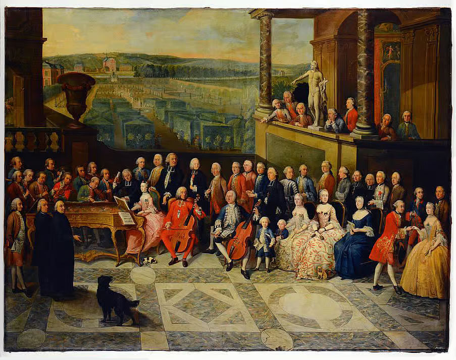 In een zaal met uitzicht op een grote formele tuin is een groep muzikanten aan het musiceren: twee heren op viola da gamba, een dame op een spinet of klavecimbel, een paar blazers en violen. Om hen een groot gezelschap vnan het merendeel chique heren en enkele dames. De dames zitten op stoelen. Rechts nodigt een heer een dame uit om te dansen. Op de grond tussen de cellist en de klaveciniste ligt een klein hondje te slapen, op de voorgrond een grotere zwarte hond die toekijkt.