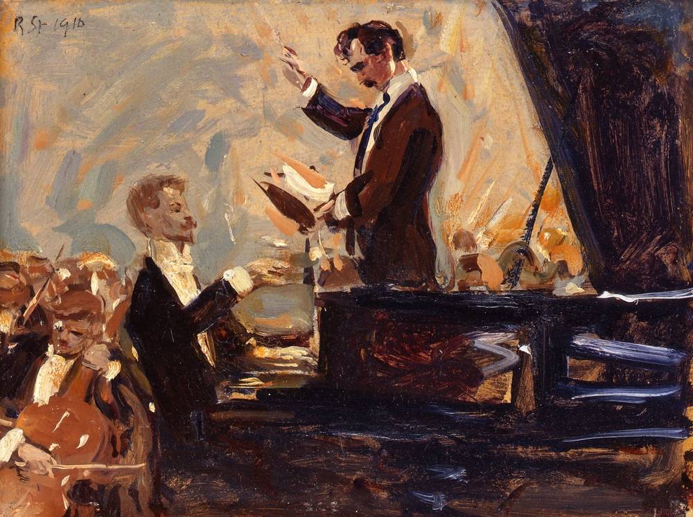 Een pianist tilt zijn rechterhand hoog boven de toetsen, hij zit rechtop met zijn ogen gesloten. Achter hem staat een dirigent die met zijn rechterhand het orkest aan geeft en met zijn blik en zijn linkerhand bij de partituur is die voor hem staat. Op de achtergrond zien we de de beweging van het orkest, direct achter de pianist zien we een cellist aan het werk.