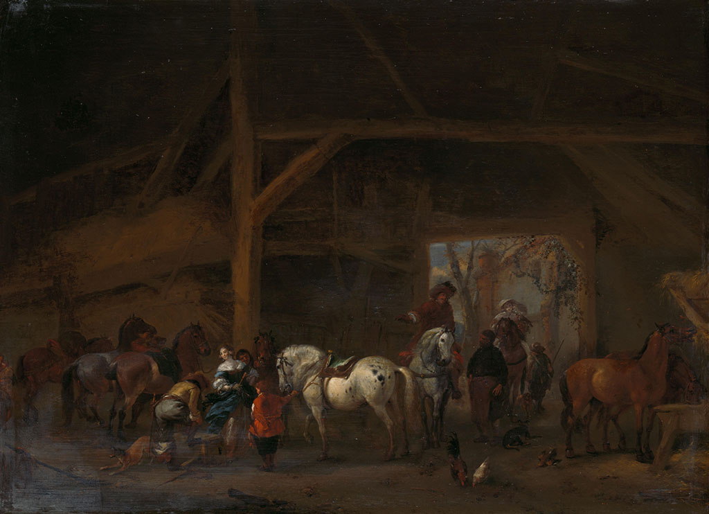 Een paardenstal. Rechts komen een heer en dame op paarden de stal binnengereden. Links wacht een jonge vrouw op een ruiter die zijn laarzen aantrekt, een jongen houdt ondertussen een wit paard bij de toom. Links en rechts staan in de stal meer paarden.