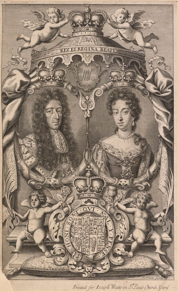 Dubbelportret van Willem III en Mary II. Onder een gekroond baldakijn met twee engeltjes twee cartouches met links Willem III naar rechts gekeerd en rechts Mary e. De cartouches zijn gekroond en tussen de kronen staat een monogram van W en M. Pnder de catrouches het wapen van Groot Brittanië, vastgehouden door twee engeltjes.