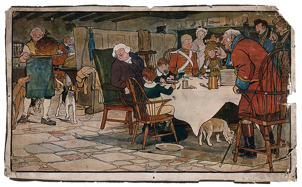 Aan gedekte tafel zit een familie te eten. Twee oudere mannen kijken naar een man die een groot bord met een bolvormige plumpudding binnen brengt. Drie honden lopen verlekkerd om zijn benen. Twee jongere mannen aan tafel heffen het glas, een jong stel is in elkaar geinteresseerd en twee kinderen schuiven nog wat weg. Onder tafel eet een hond de kruimels op.