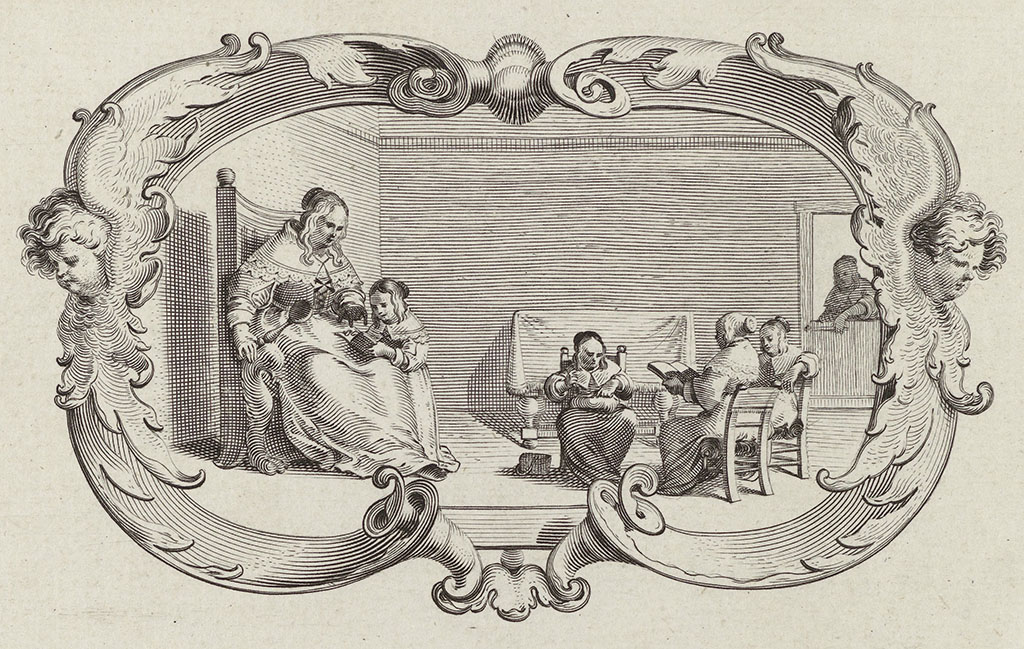 Vier meisjes in een schoolklasje met schoolmeesteres die wijst in het boek van één van de kinderen. In haar linkerhand houdt zij een plak. Op de achtergrond rechts komt een vrouw de ruimte binnen. De scène is omgeven door een cartouche met aan de linker- en rechterzijde een engelenkopje.