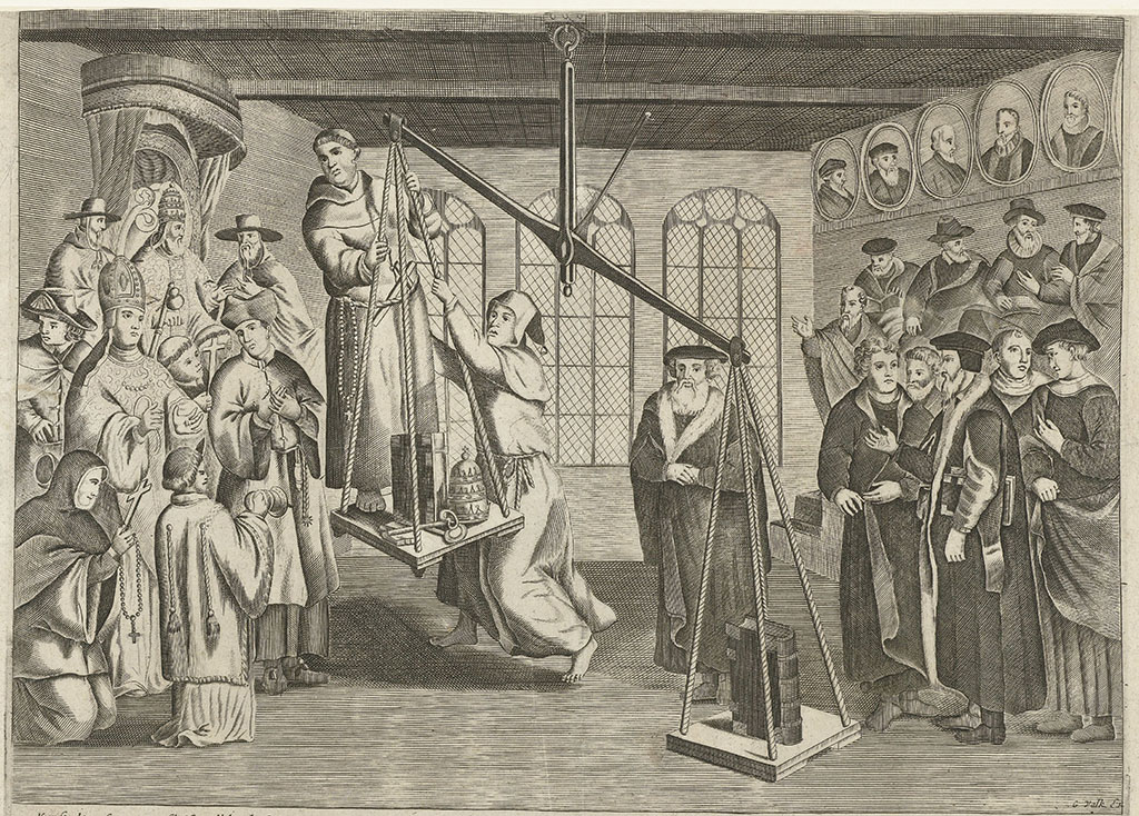 De bijbel op de weegschaal, ca. 1560. In een interieur wordt op een grote weegschaal de bijbel gewogen tegen het gewicht van de symbolen van de Roomse kerk. Aan de zijde van de bijbel, rechts, staat de groep kerkhervormers waaronder Jan Hus, Martin Luther en Johannes Calvijn. Links de vertegenwoordigers van de katholieke kerk: paus (Alexander?), kardinalen, bisschop, priester, non, misdienaar en pelgrim. Twee monniken proberen tevergeefs de weegschaal naar hun kant door te doen slaan.
