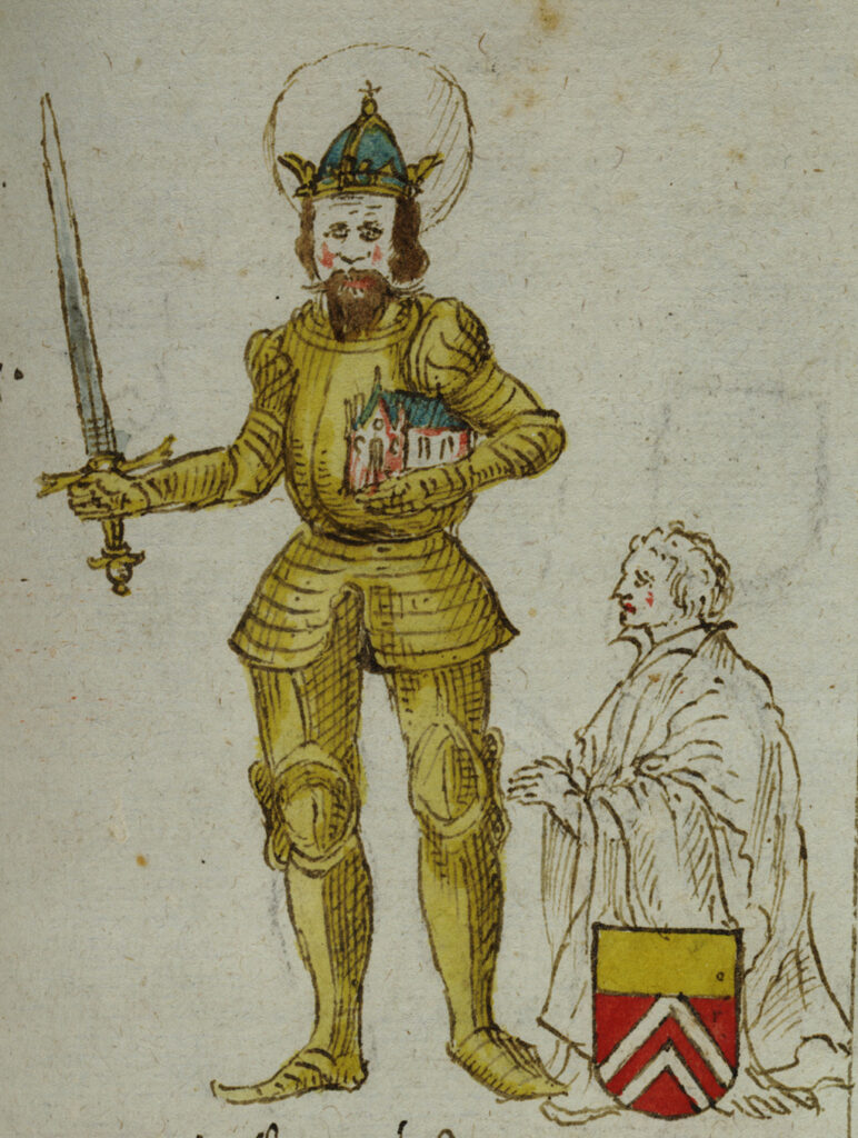 Een man in een vol harnas, in zijn rechter hand een zwaard, in zijn linker hand een kerk. Over zijn helm staat een kroon. Naast hem zit iemand geknield achter een familiewapen.