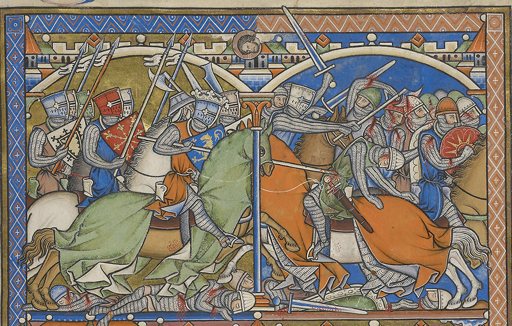 Van links naar rechts en van rechts naar links hakken ridders te paard op elkaar in. Op de grond worden dode ridders vertrapt door paarden. De ridders dragen malienkolders en gekleurde schilden. Op hun hoofden helmen en als wapens hebben ze speren, zwaarden, lansen, bijlen en hellebaarden.