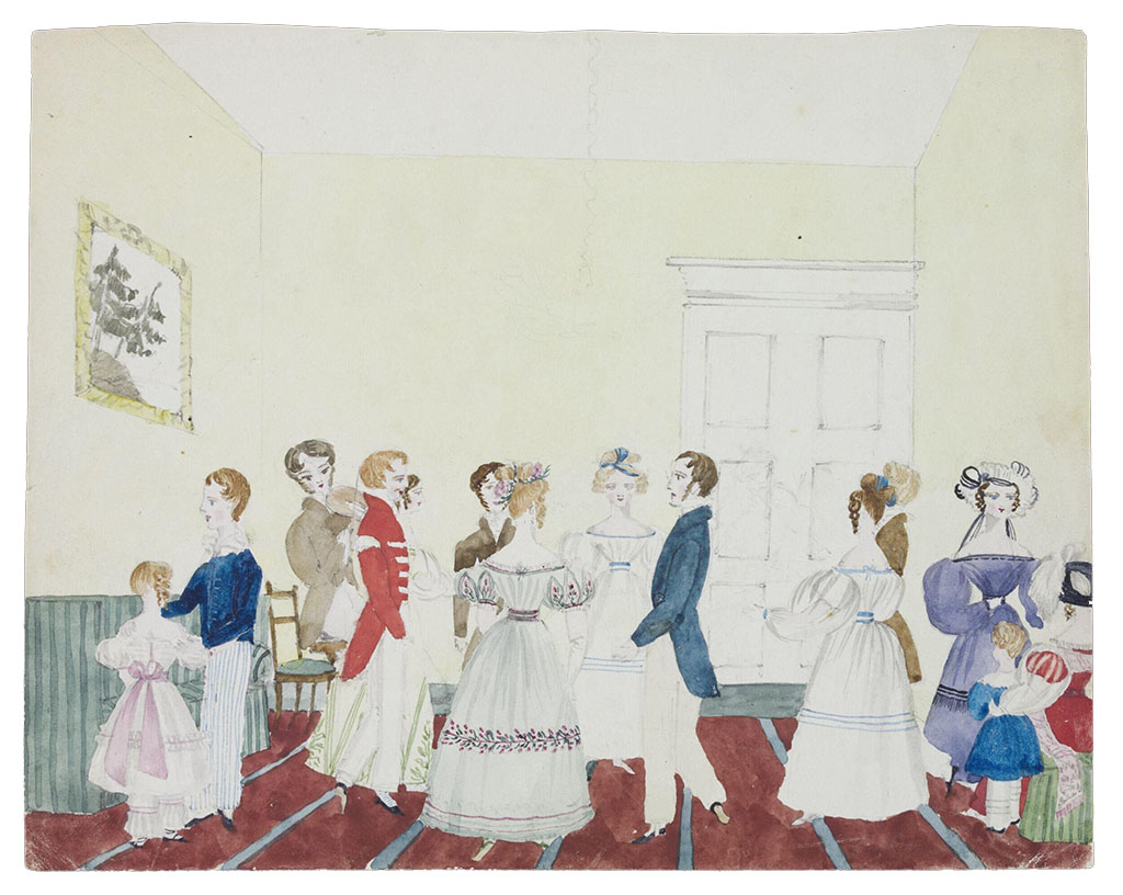 In een hoge ruimte staan mannen en vrouwen en kinderen. Sommige dansen met zijn tweeën anderen in een kring.