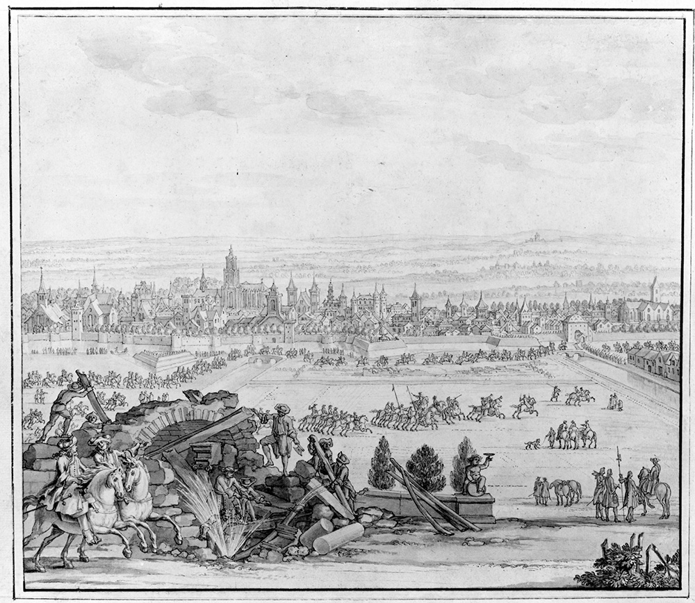 Profiel van de stad Utrecht uit het westen gezien, in spiegelbeeld, tijdens de belegering door de troepen van koning Lodewijk XIV en de overgave van de stad op 24 juni 1672. Rechts trekken Franse troepen door de Catharijnepoort de stad binnen. De beide ruiters op de voorgrond zouden de aanvoerder van het Franse leger, maarschalk Turenne, en de bevelhebber van het beleg van Utrecht, de Markies van Rochefort, kunnen voorstellen. De waterstroom daarnaast zou de verbeelding kunnen zijn van een inundatiepoging van de Hollanders teneinde de rest van het land tegen de Fransen te beschermen.