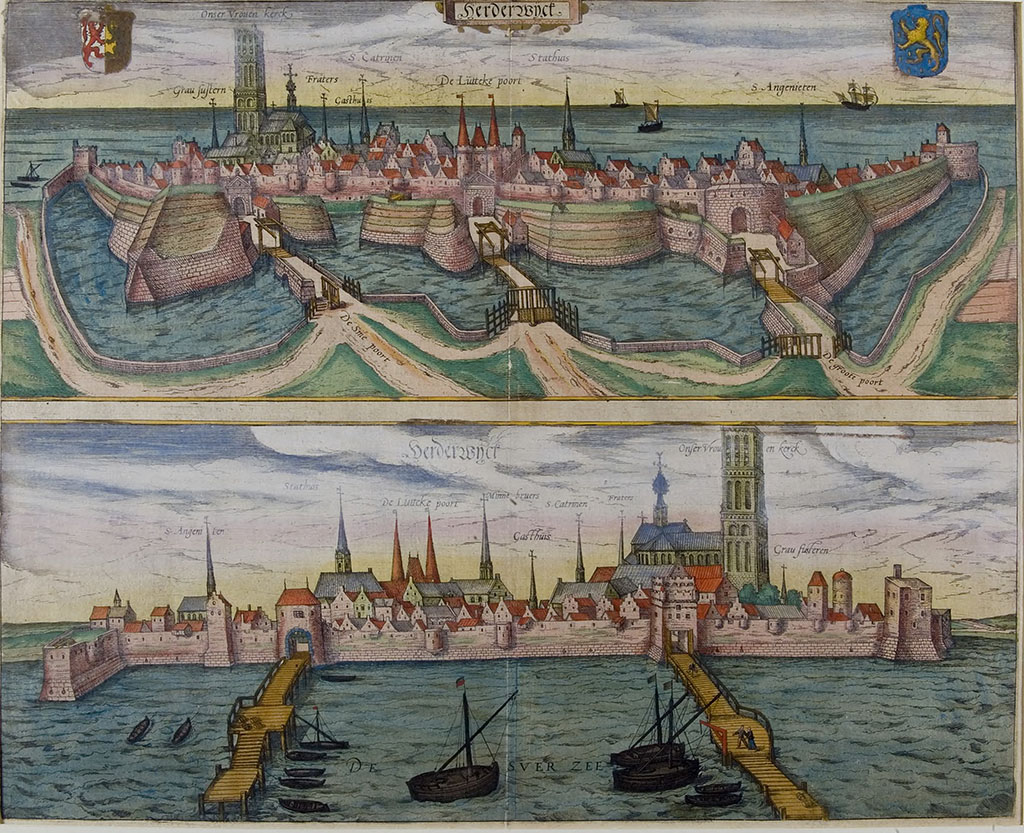 Ingekleurde gravure met twee keer een zicht op Harderwij: bovenaan vanaf land en onderaan vanaf zee. Binnen de stadswallen zijn alle huizen en kerken getekend, boven de stad zijn de namen van de poorten en kerken geschreven.
