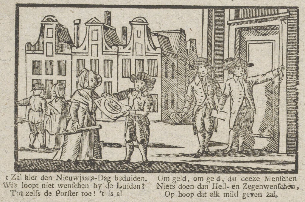 In een straat staan verschillende mensen. Rechts trekken twee mannen aan de bel van een huis, de één heeft een soort mok in de hand, de ander een brief. Op de voorgrond laat een man een vrouw een afbeelding zien. Eronder de tekst 't Is Pinkster; en die Wyven zingen, Van Maget Jans, en andre dingen! Zy lopen met Twee Kindren om, Die dus de Pinksterbloem vertoonen, In 't Wit, gesierd met Herderkroonen; Maar 't is om Duiten in de Kom.