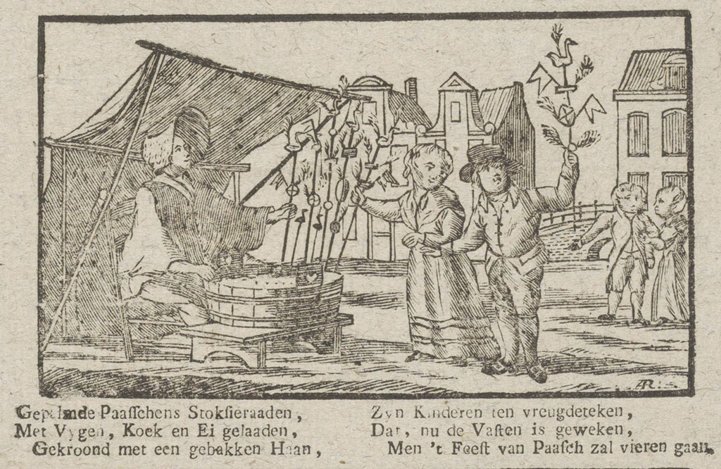 In een markstandje zit een vrouw met voor zich palmpasentakken in een ton. Een man en vrouw bekijken ze en kiezen er één uit. Eronder de tekst: Gepalmde Paasschens Stoksieraaden, Met Vygen, Koek en Ei gelaaden, Gekroond met een gebakken Haan, Zyn Kinderen ten vreugdeteken, Dat nu de Vasten is geweken, Men 't Feest van Paasch zal vieren gaan.
