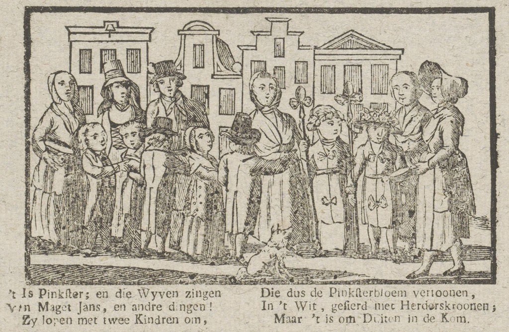 Voor een groep huizen staat verschillende mensen te zingen, een vrouw gaat rond met een centenbak. Eronder de tekst: 't Is Pinkster; en die Wyven zingen, Van Maget Jans, en andre dingen! Zy lopen met Twee Kindren om, Die dus de Pinksterbloem vertoonen, In 't Wit, gesierd met Herderkroonen; Maar 't is om Duiten in de Kom.