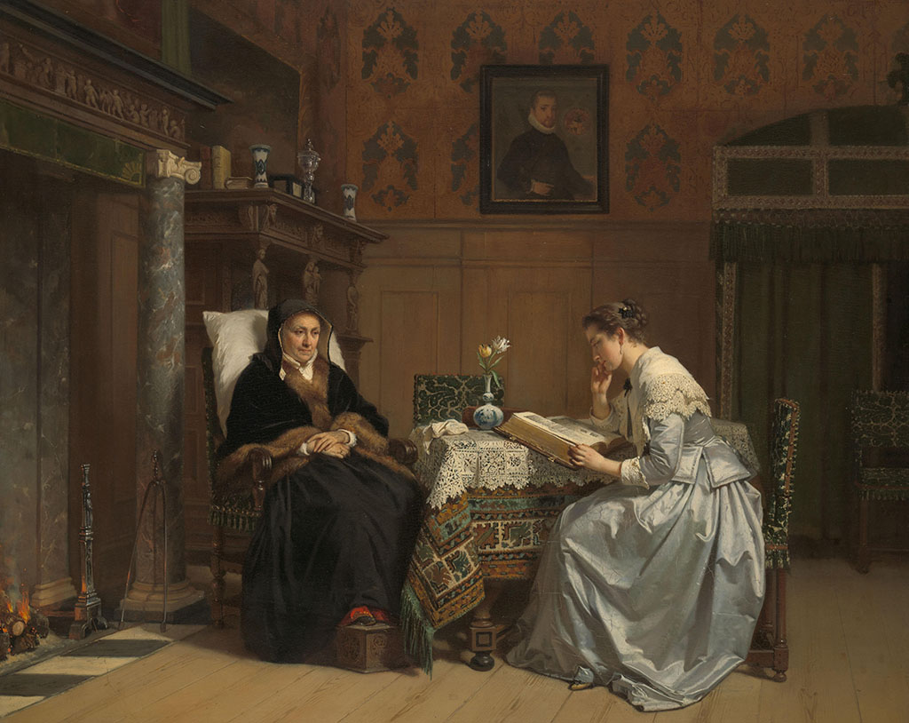 In een kamer staat voor een openhaard een tafeltje met drie stoelen erom heen. Het dichtst bij het vuur zit een oudere vrouw met een zwarte rok en een met bont afgezette zwarte jas. Ze draagt een capuchon. Aan de andere kant van de tafel zit een jongere vrouw met een glimmend satijnen rok en jasje met daaroverheen een grote kanten kraag. Op de tafel ligt de bijbel opengeslagen en ze heeft haar vinger onder een pagina. Ze kijkt in het boek. Op teafel een persisch kleedje met daarop een kantenkleedje en een vaasje met twee bloemen. Op de wand erachter een portret en tegen de wand een bed.