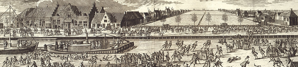 Wintergezicht op de Amstel gezien vanaf Amsteldijk over de Amstel naar Weesperzijde. Geheel links ingang Oliphantspad met rechts daarvan Lokhorst en de IJsbreker (Weesperzijde 23). In het midden graslanden en rechts Oetgenspad. Links in de Amstel de boot de IJsbreker.