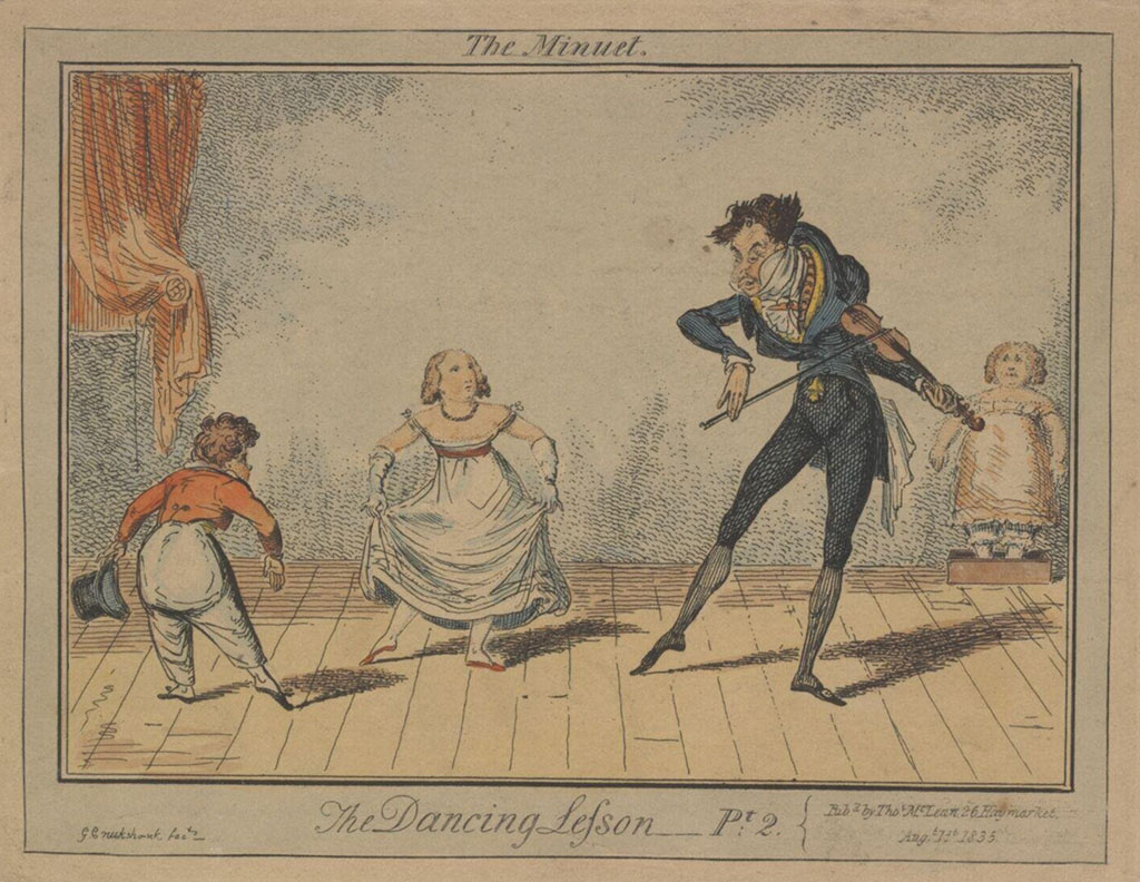 In een ruimte staat een man met een viool met een jonge en een meisje die zijn beweging nadoen. Op de achtergrond staat een meisje in een doos.