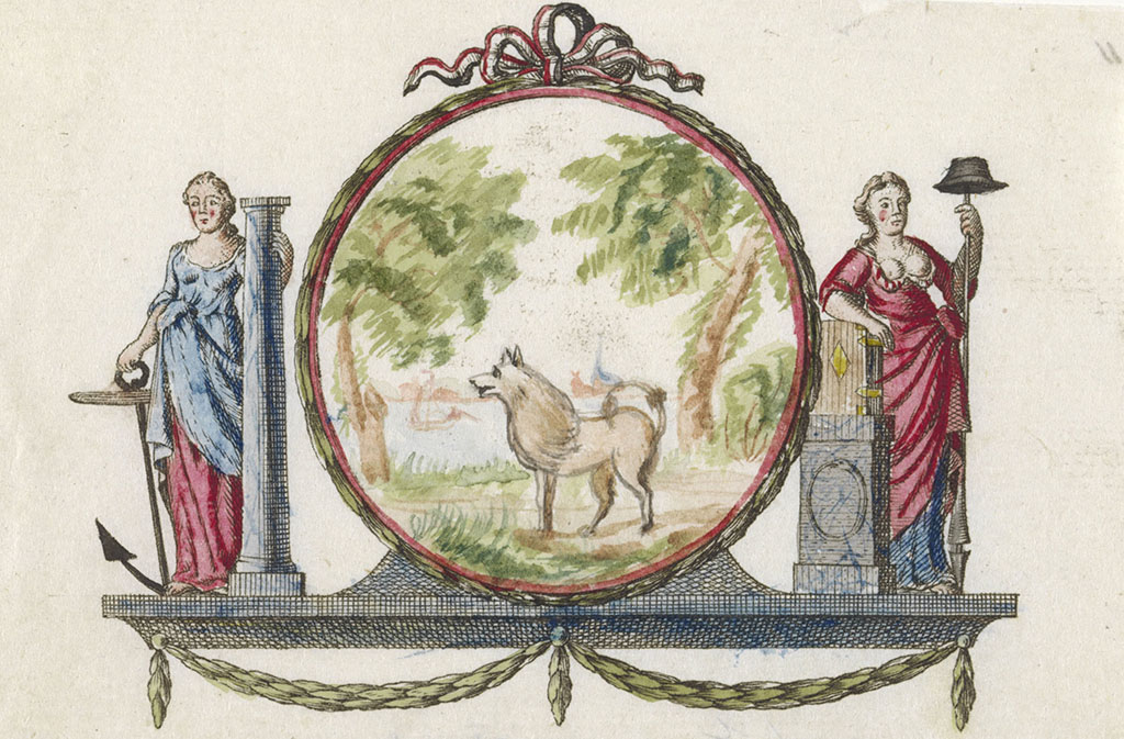 Rond vignet met aan weerszijden de staande Hoop / Kracht en Vrijheid, 1795. In het medaillon is een keeshond in een landschap getekend.