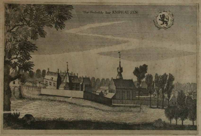 Vrij donkere gravure van een complex met cerschillende gebouwen binnen een muur.