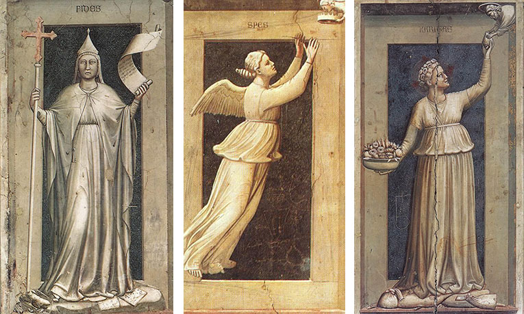 Drie kaders met daarin een vrouwfiguur. Links draagt een soort kardinaalsmuts met in haar rechterhand een kruis en in haar linkerhand een beschreven papierrol, de middelste heeft vleugels en reikt naar een kroon rechts boven in de hoek, rechts heeft in haar rechterhand een fruitschaal en reikt met haar linkerhand naar boven waar ze iets geeft aan een heilige. Aan haar voeten liggen geldzakken.