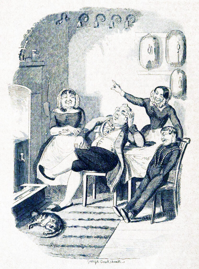 Bij een open haard zitten vier personeelsleden aan tafel. Boven hun hoofd hangen vijf belletjes waarvan er één in beweging is. De meid wijst naar het bewegende belletje. Voor de open haard op het kleed ligt een kat.