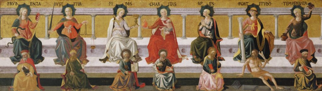 op een rij zitten zeven vrouwen, van links naar rechts: Prudentia met spiegel en slang, Justitia met zwaard, Fides met een kelk en een kruis, Charitas met een kin en een vlam in haar hand, Spes met haar handen gevouwen, Fortitudo met een zuil en Temperantia met een pot en een kan waaruit ze water giet. Voor hen zitten zeven mannen.