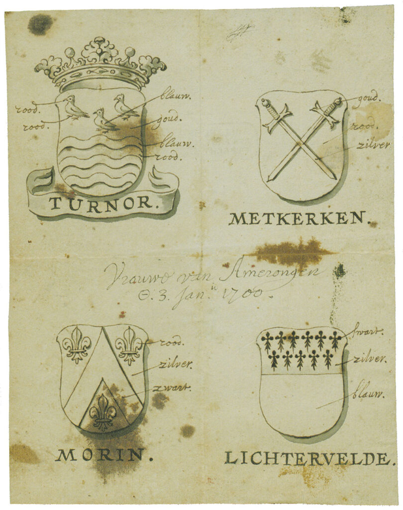 Een verweerd papier met vier familiewapens getekend met bruine inkt. Bij de wapens zijn de kleuren er met de hand bijgeschreven en de familienaam eronder. Linksboven Turnor met een kroon er boven en de naam turnor in een banderol. Het wapen is goud met boven drie blauwe eendjes met een rode snavel en rode poten. Eronder rode en blauwe golven. Rechts boven het wapen van Metkerken: rood met twee gekruiste zwaarden, waarvan het heft goud is en het lemmet zilver. Links onder het wapen van Morin, zilver met daarop een zwarte chevron en boven links en rechts van de chevron een rode fleur de lis en onder de chevron ook één. Rechtsonder het Lichtervelde wapen: blauw met een zilveren band met als herautstuk op het zilver zwarte hermelijnstaartjes. Midden tussen de wapens staat Vrouwe van Amerongen O 3 jan 1700