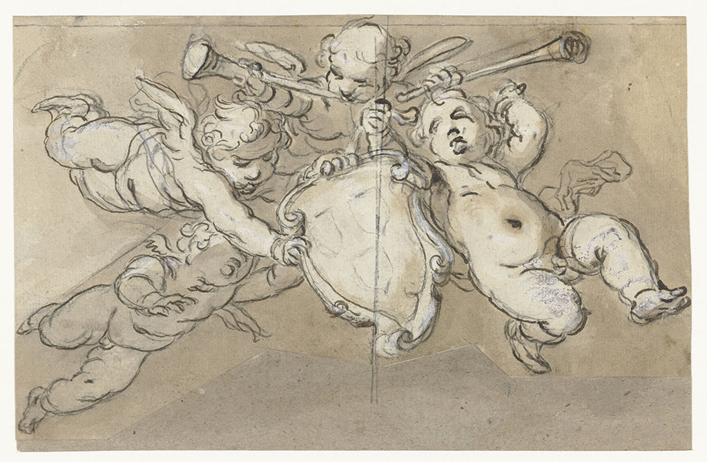 Vier vliegende putti rondom een wapenschild met drie wapenschilden. De bovenste putto heeft twee trompetten.