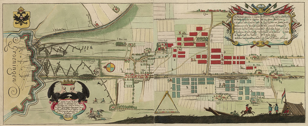 Beschrijving Historische kaart van het beleg van Groningen door de bisschoppen van Keulen en Münster, van 9 juli tot 16 augustus (oude tijdrekening; in de nieuwe tijdrekening: 22 juli - 27 augustus) in 1672. Kaart van het gebied Groningen (zuidelijke deel van de vesting) - Essen - Haren - huis Hemmen. Rechtsboven: verklaring van de letters. Titel links onder in versierd cartouche. Met schaalstok