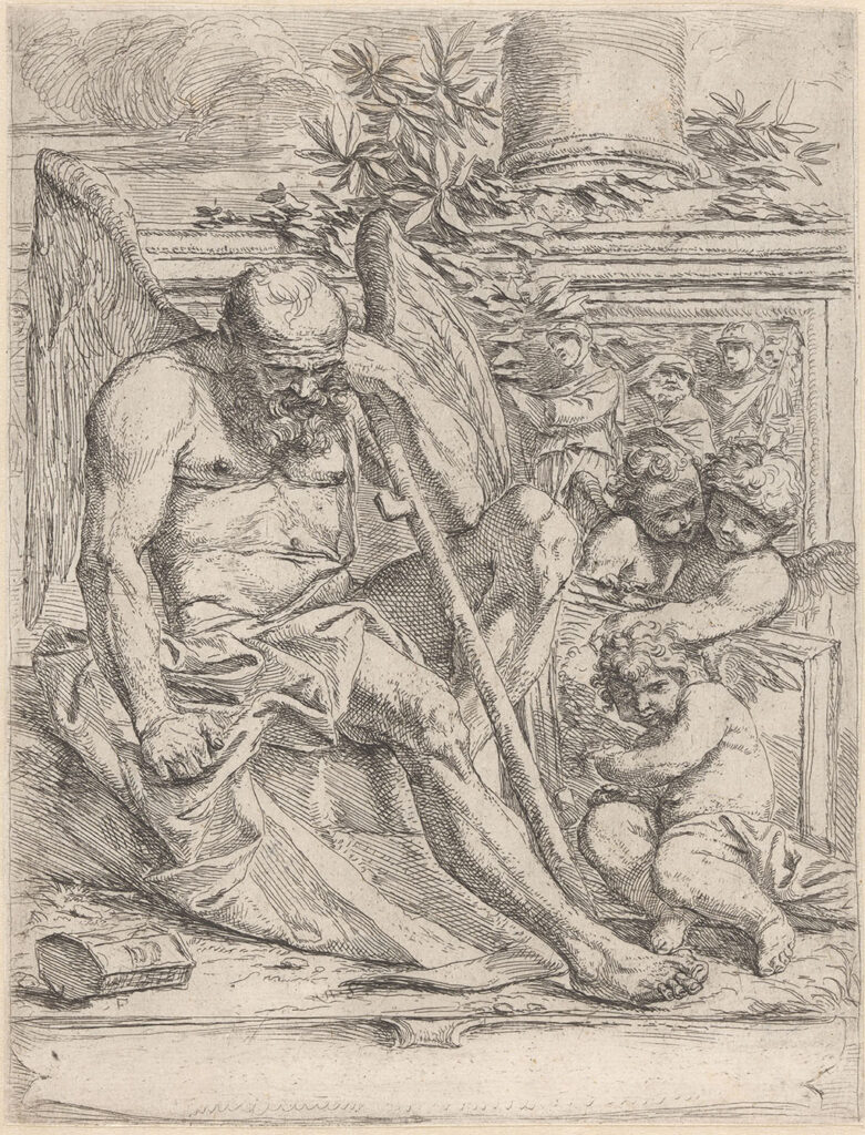 Gravure van een oude saturnus die leunend op zijn stok voorovergeborgen zit. Rechts naast hem drie engeltjes die een schilderij vasthouden. Erachter een relief met daarop een zuil.