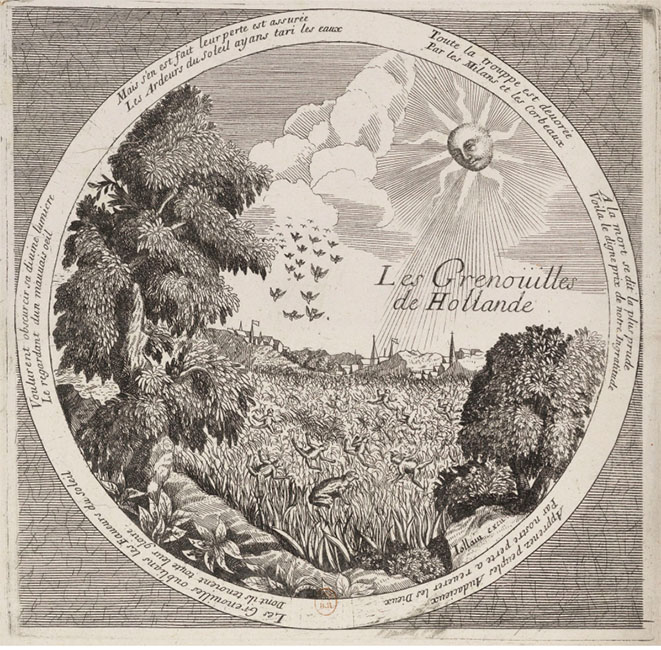 Gravure van een cirkel met daarin een Hollands landschap met op de voorgrond een grasveld met hoog gras, waar kikkers in springen. Ap de achtergrond een paar dorpjes. Onder de zon (met gezicht) staat Les grenouilles de Hollande.