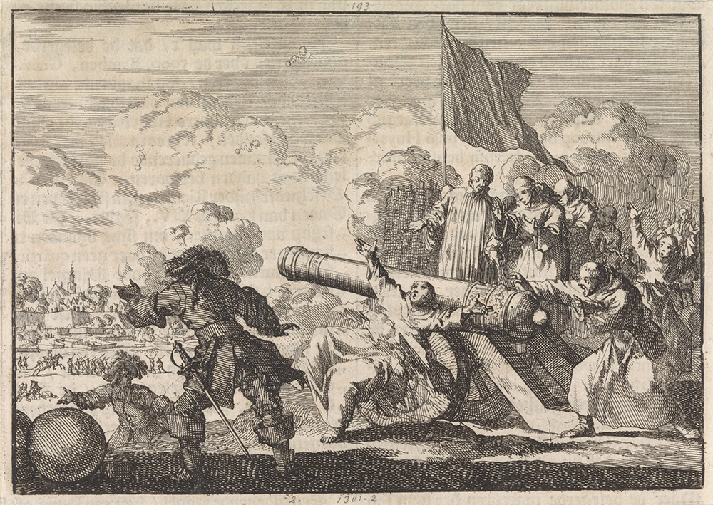 Midden in de strijd staan verschillende geestelijken bij een kanon dat op een stad staat gericht. Links van het kanon en voor het kanon twee militairen die richting de stad wijzen.